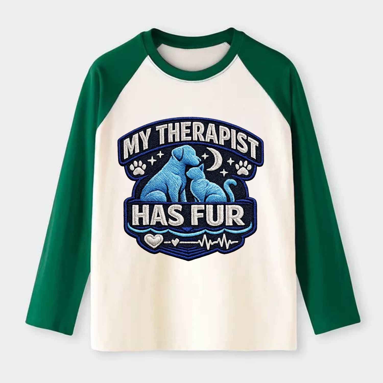 MY THERAPIST HAS FUR - pet silhouette in calming blue , emotional - Raglan Long Sleeve T-Shirt - Green