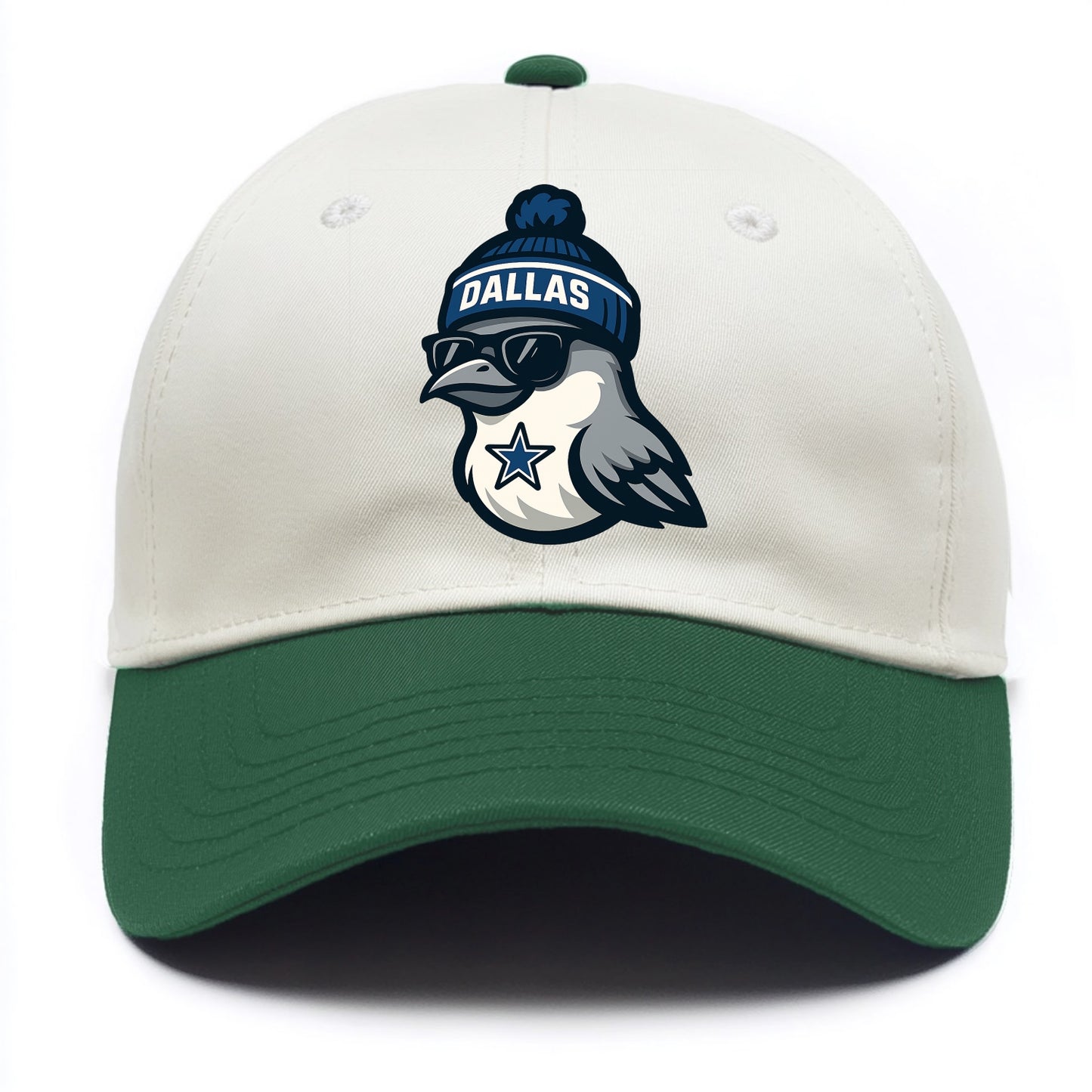 Dallas Mockingbird wearing Cowboys beanie with sheriff star and wayfarer sunglasses - Two Tone Cap - Green