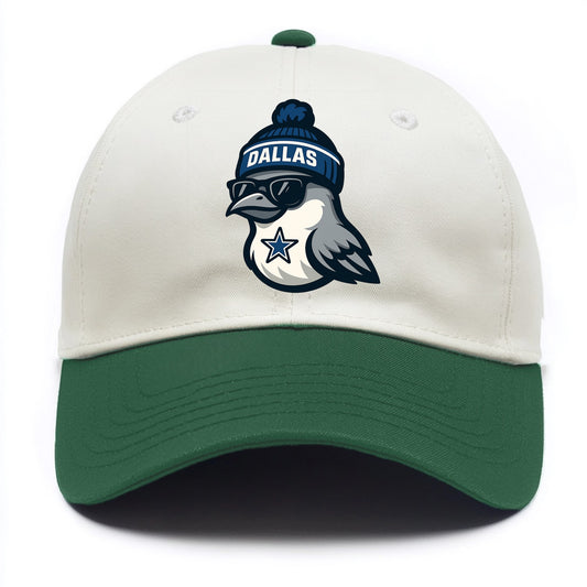 Dallas Mockingbird wearing Cowboys beanie with sheriff star and wayfarer sunglasses - Two Tone Cap - Green