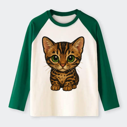 Baby Bengal Kitten - spotted/marbled wild coat, green eyes, athletic - Raglan Long Sleeve T-Shirt - Green