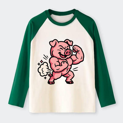 Strong Pig - Raglan Long Sleeve T-Shirt - Green