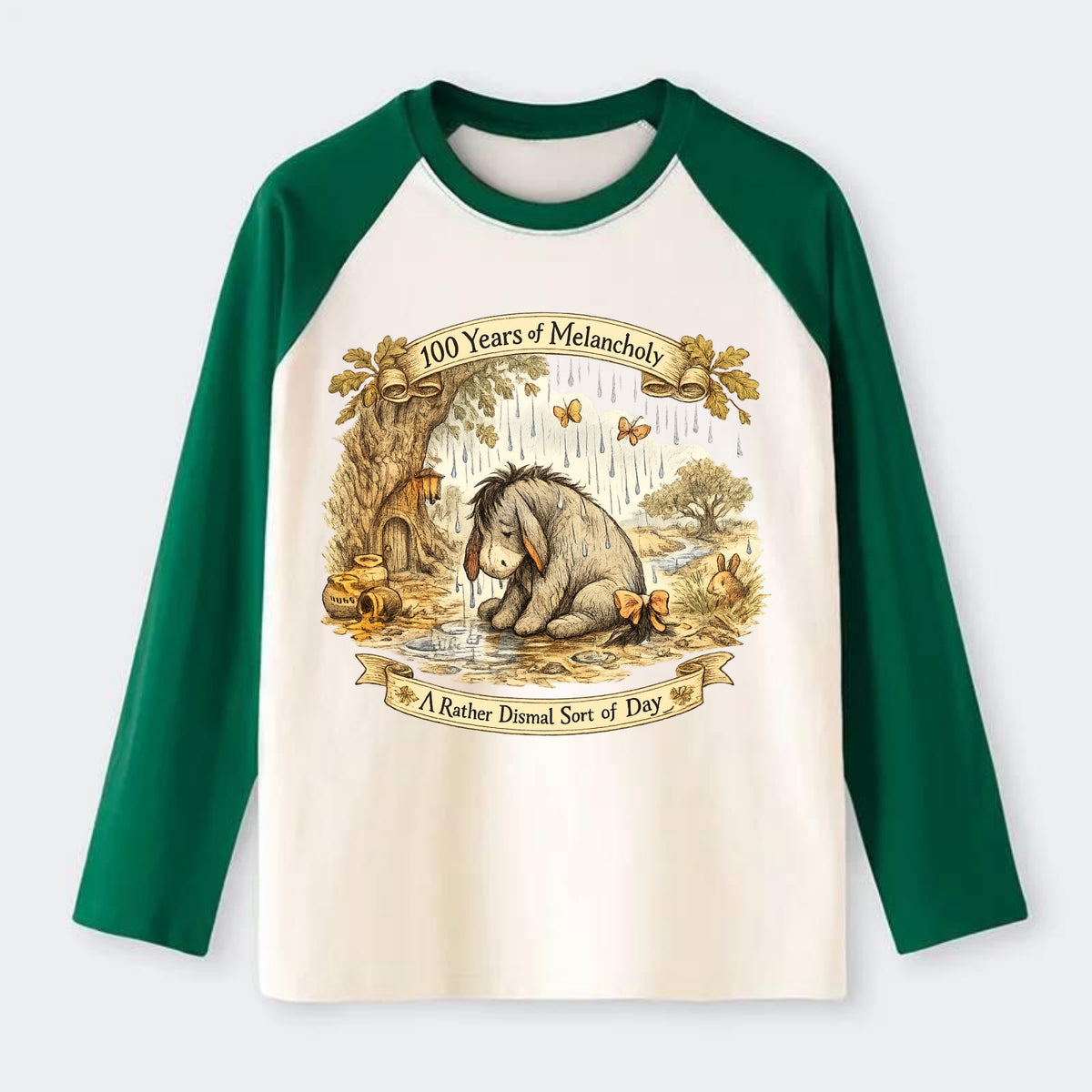 GLOOMY GLEN | Droopy figure in rain | Tattered tail bow | Pessimistic - Raglan Long Sleeve T-Shirt - Green