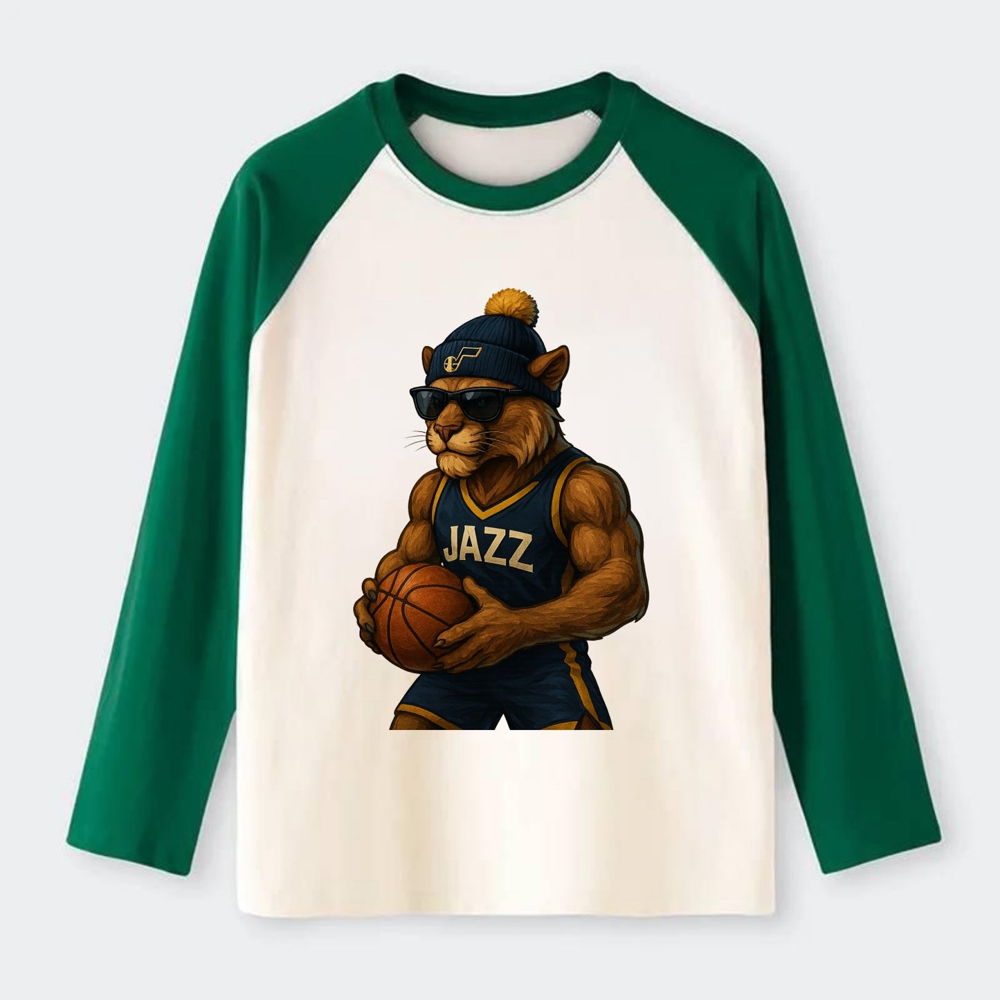 Utah Mountain Lion wearing Jazz navy and yellow beanie with music note - Raglan Long Sleeve T-Shirt - Green