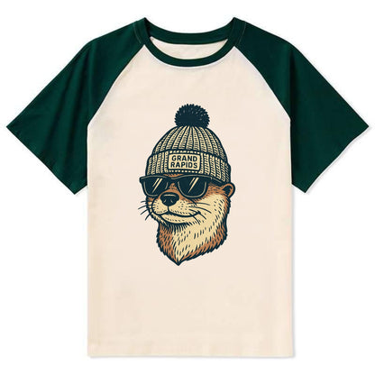 Grand Rapids River Otter wearing Grand Rapids beanie with pom pom and - Contrast Raglan T-shirt - Green