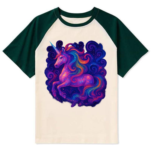 Magical unicorn with flowing rainbow gradient mane, iridescent horn with - Contrast Raglan T-shirt