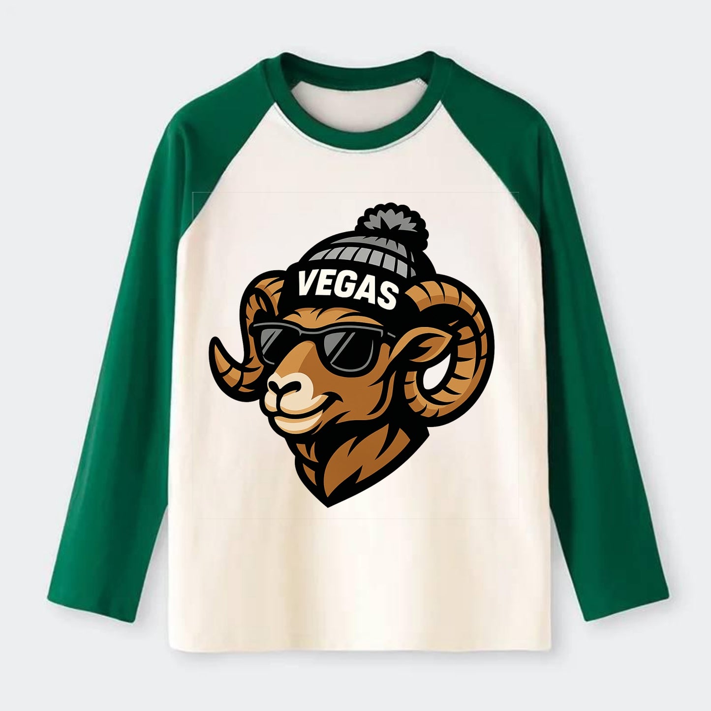 Vegas Desert Bighorn wearing Raiders silver and black beanie with pom - Raglan Long Sleeve T-Shirt - Green