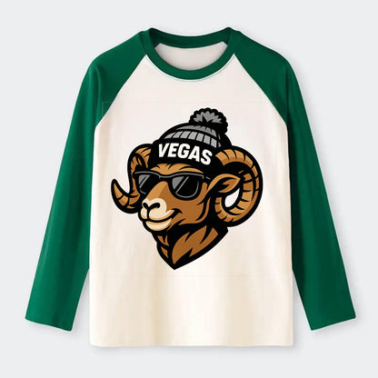 Vegas Desert Bighorn wearing Raiders silver and black beanie with pom - Raglan Long Sleeve T-Shirt - Green