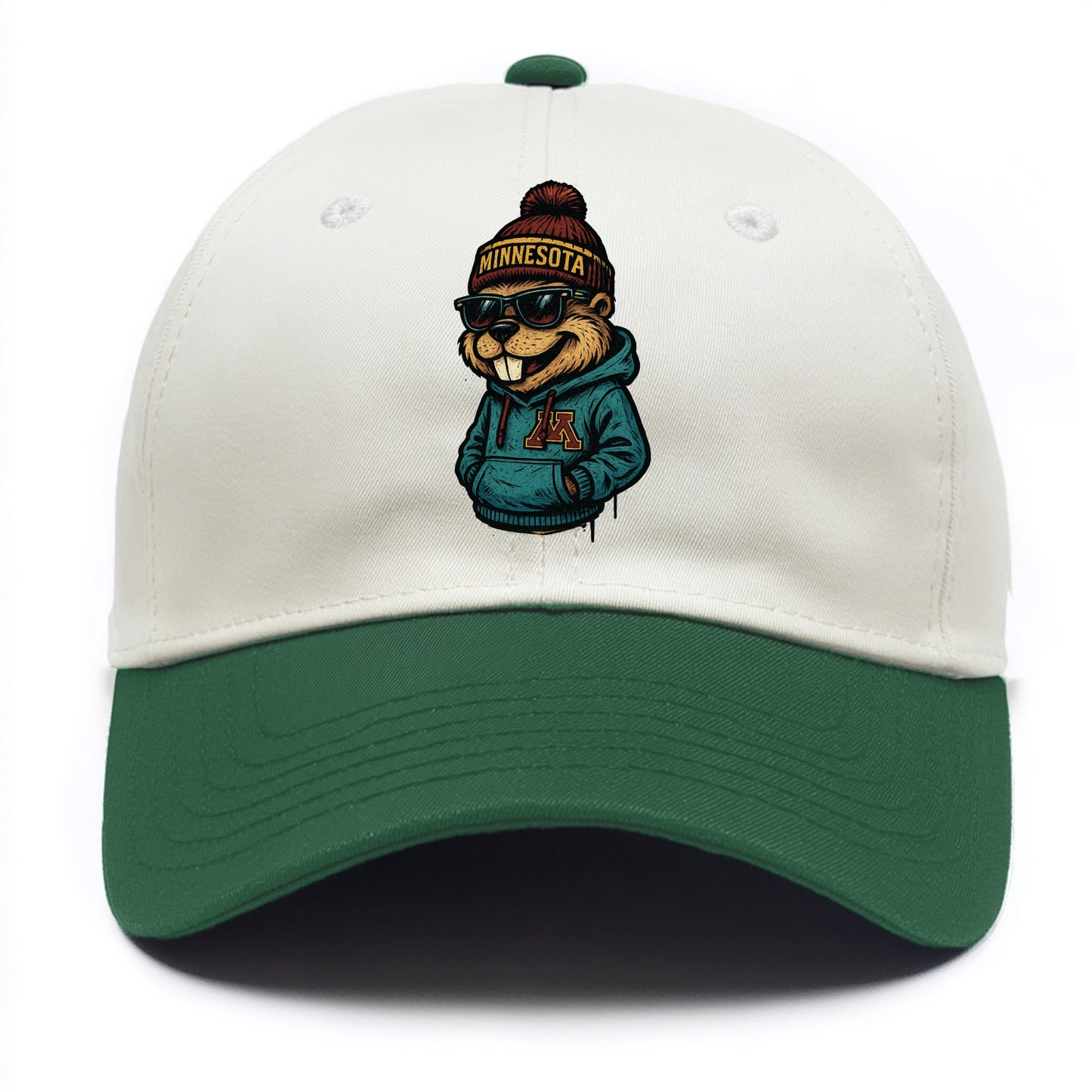 Minneapolis Gopher wearing Minnesota beanie with M patch - Two Tone Cap - Green