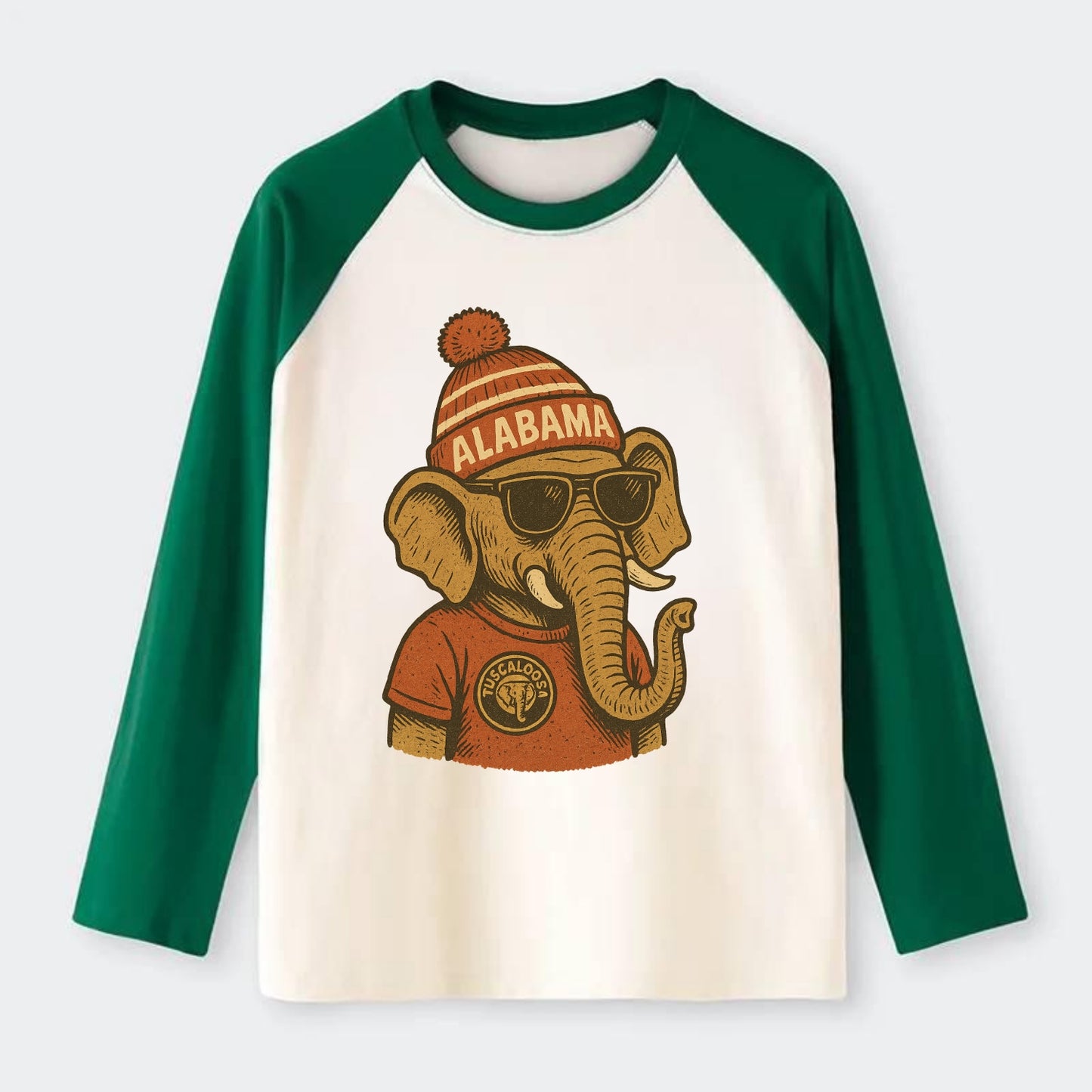 Tuscaloosa Crimson Elephant wearing Alab - Raglan Long Sleeve T-Shirt - Green