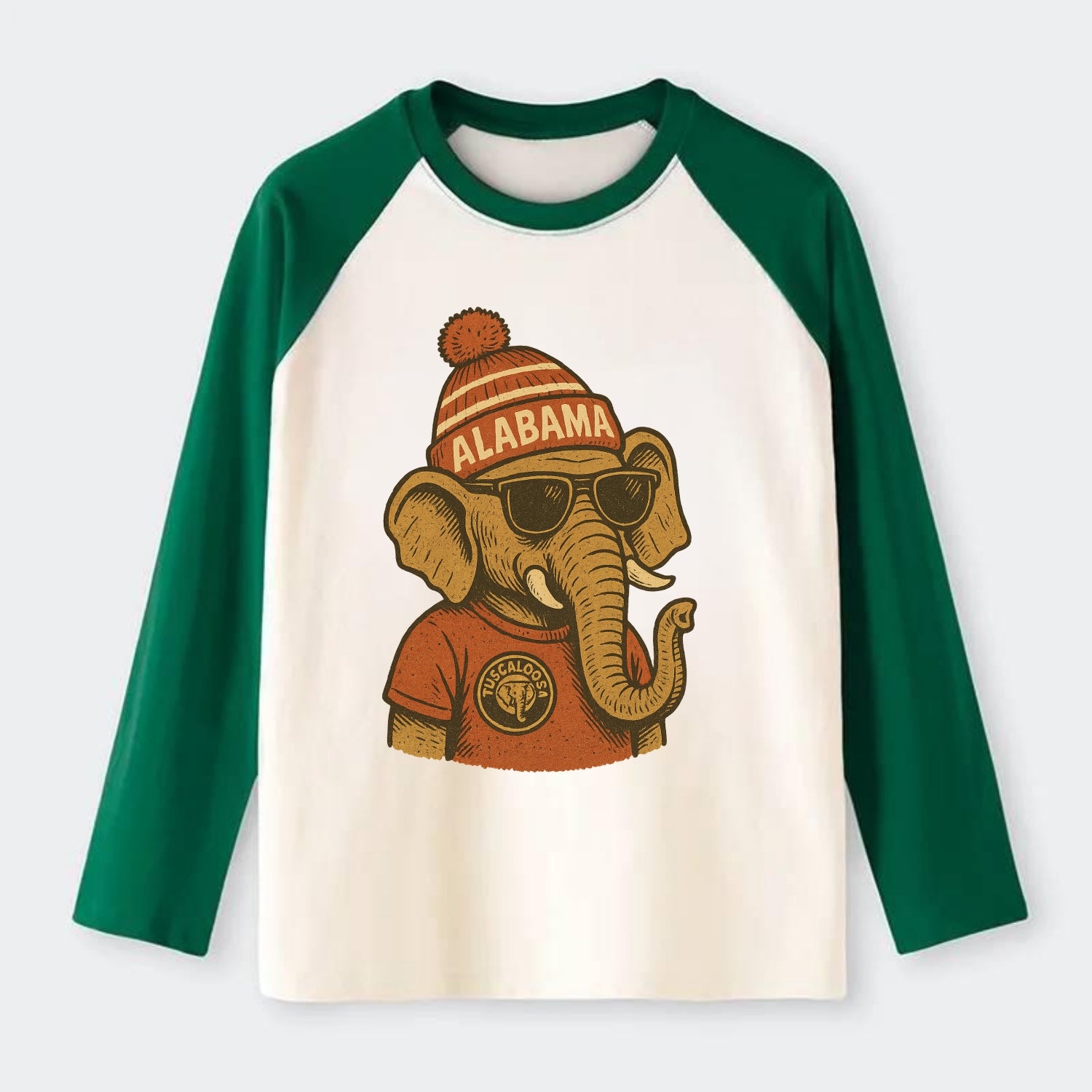 Tuscaloosa Crimson Elephant wearing Alab - Raglan Long Sleeve T-Shirt - Green