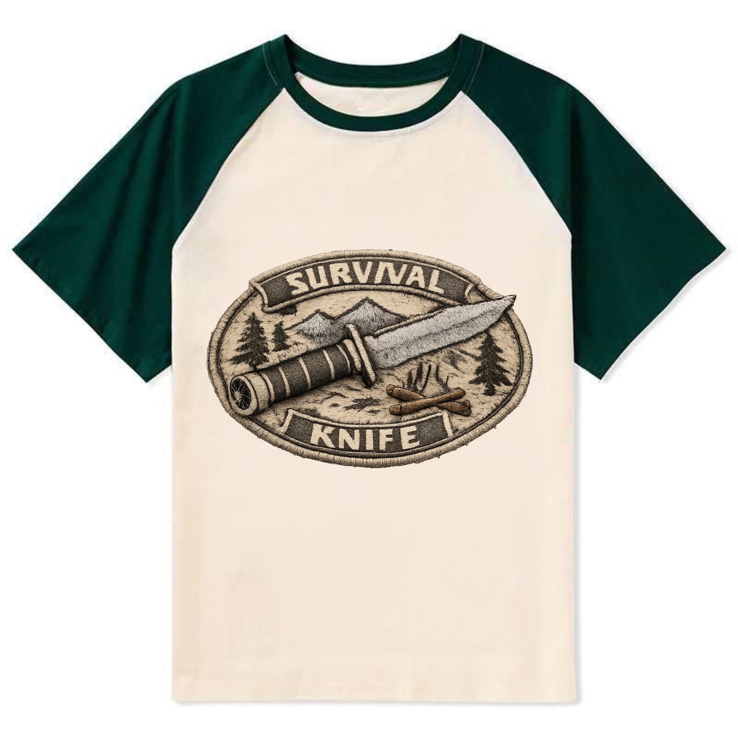 SURVIVAL KNIFE - fixed blade with compass in silver and black , bushcraft - Contrast Raglan T-shirt - Green