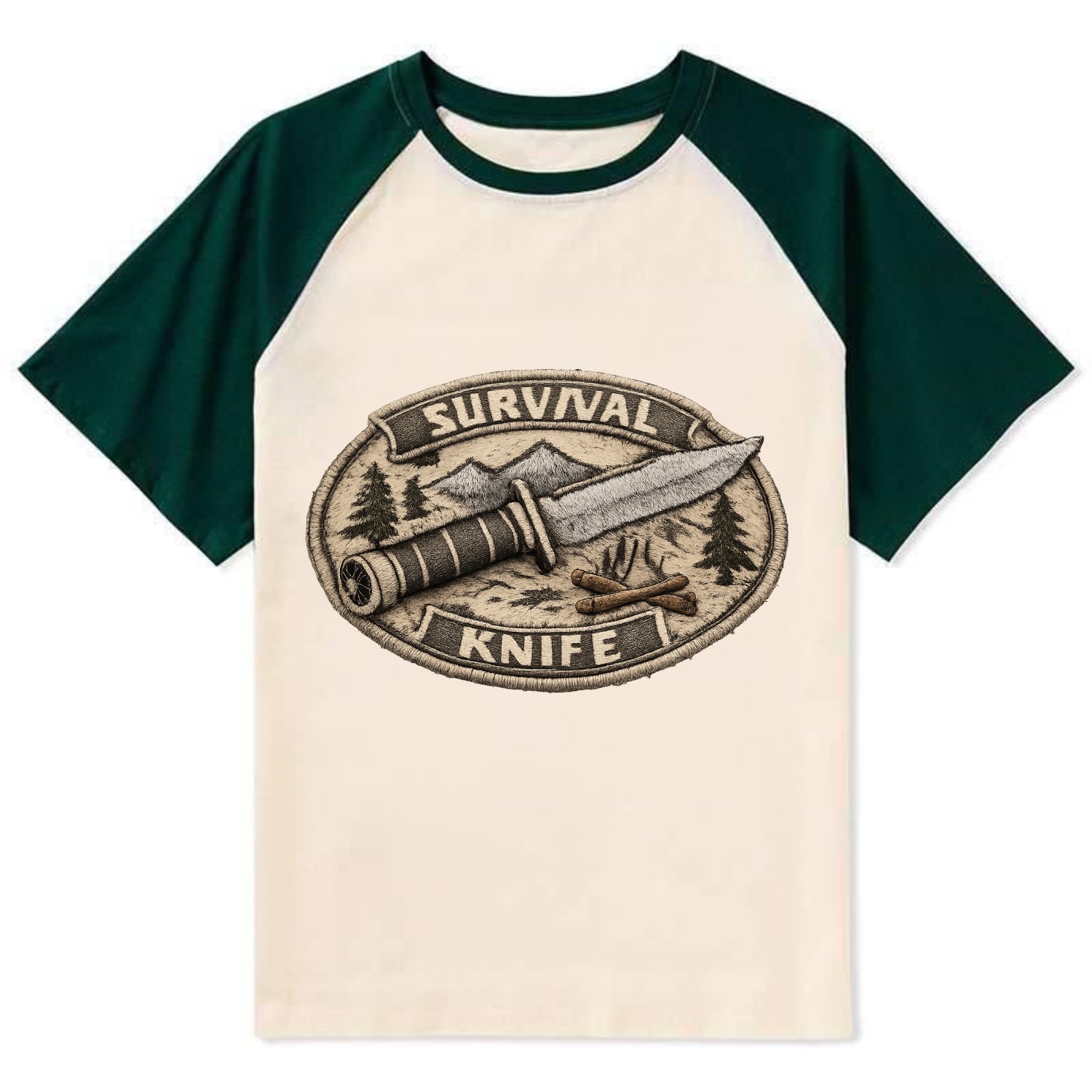 SURVIVAL KNIFE - fixed blade with compass in silver and black , bushcraft - Contrast Raglan T-shirt - Green