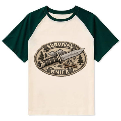 SURVIVAL KNIFE - fixed blade with compass in silver and black , bushcraft - Contrast Raglan T-shirt - Green
