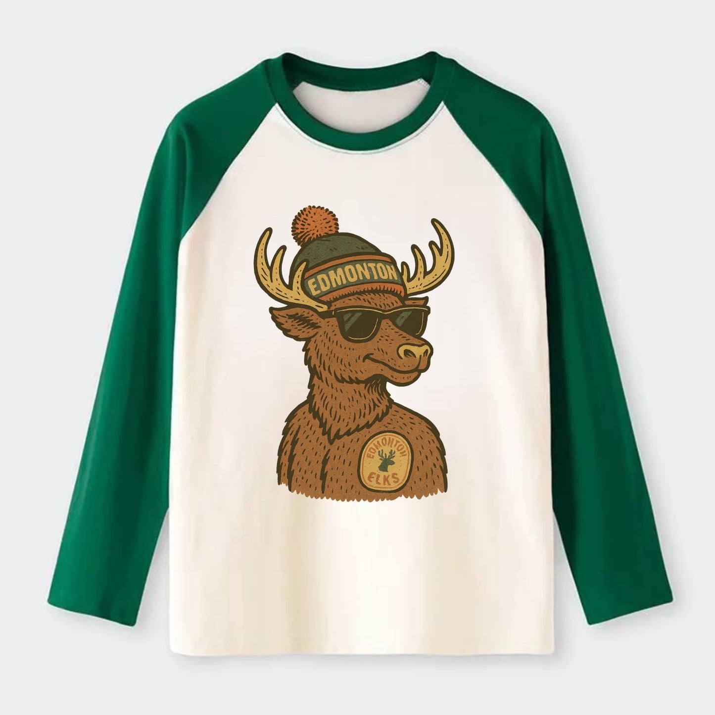 Edmonton Elk wearing Edmonton beanie with pom pom and wayfarer - Raglan Long Sleeve T-Shirt - Green