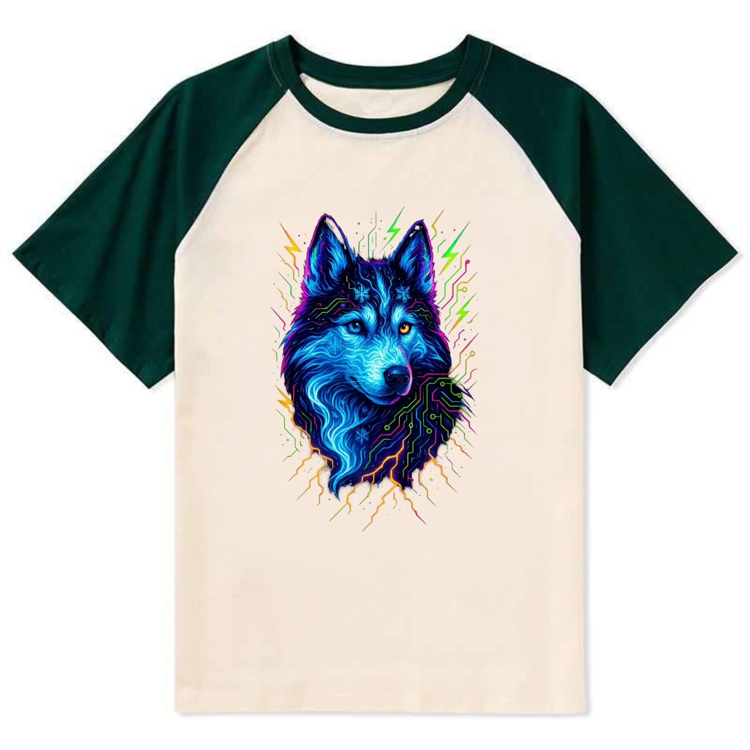 Siberian husky with ice-crystal flowing patterns, electric blue and white - Contrast Raglan T-shirt - Green