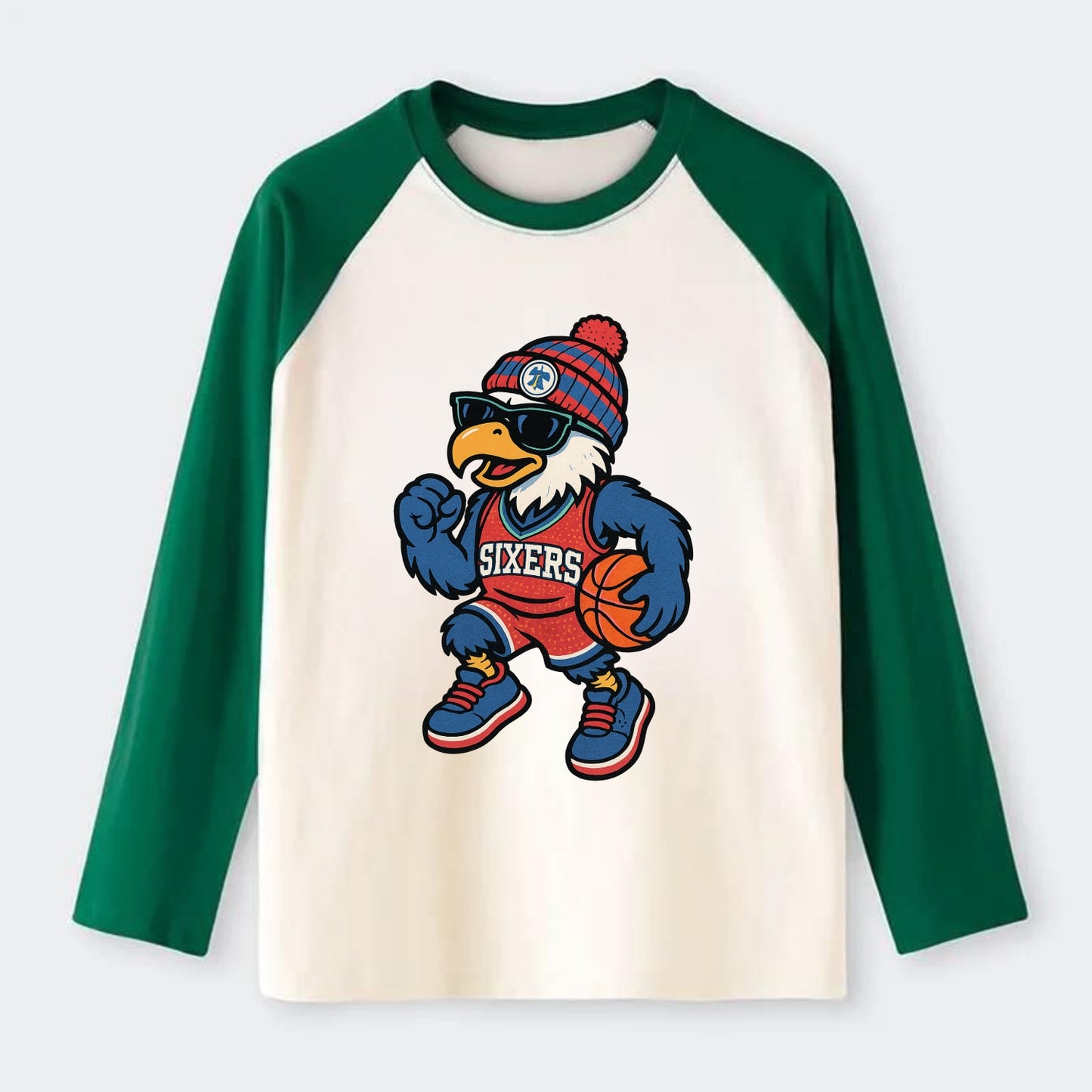 Philadelphia Eagle wearing 76ers red white and blue beanie with bell - Raglan Long Sleeve T-Shirt - Green