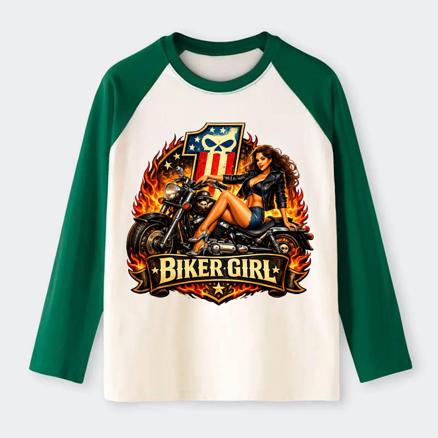 Vintage Biker Pin Up - Raglan Long Sleeve T-Shirt - Green