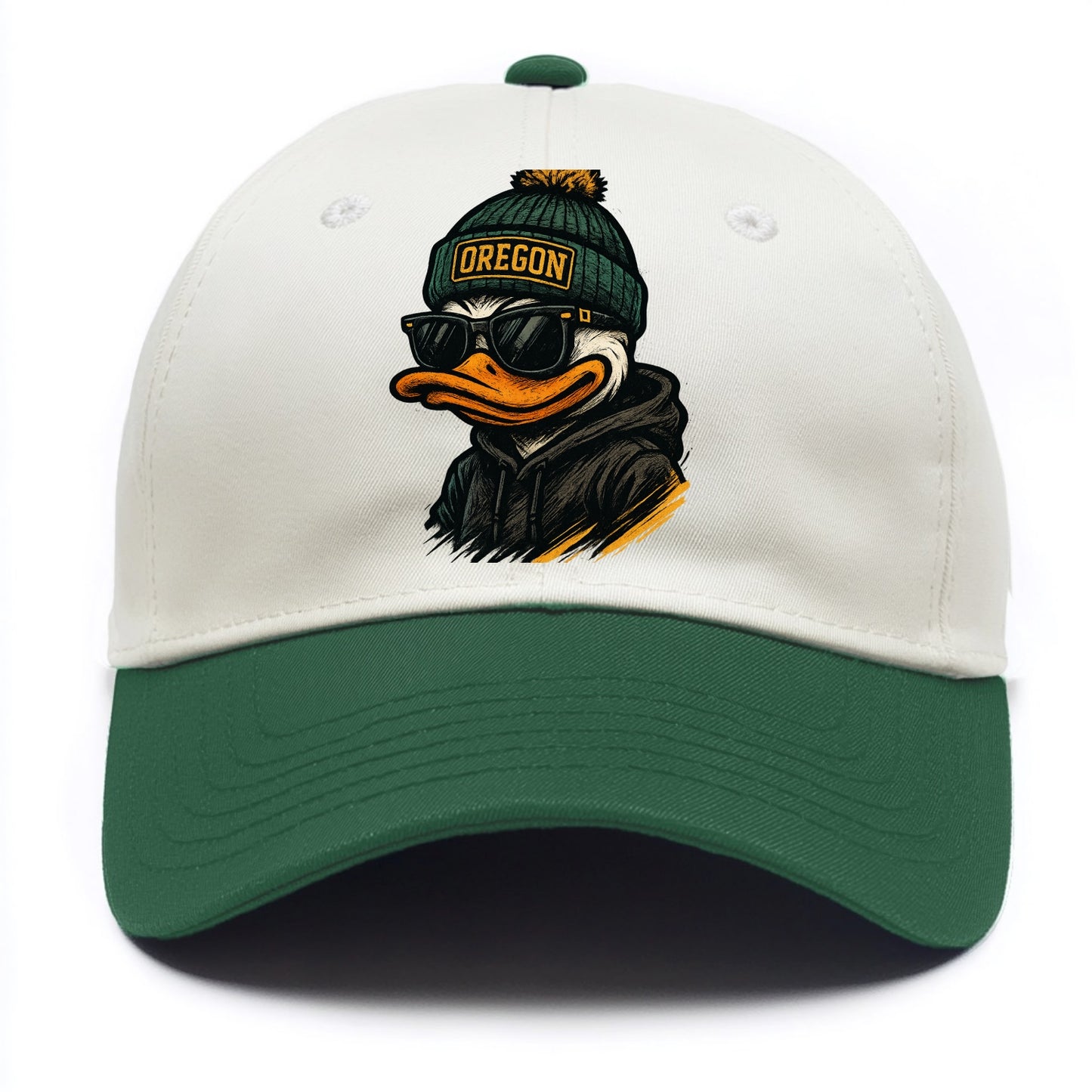 Eugene Duck wearing Oregon beanie with O patch - Two Tone Cap - Green