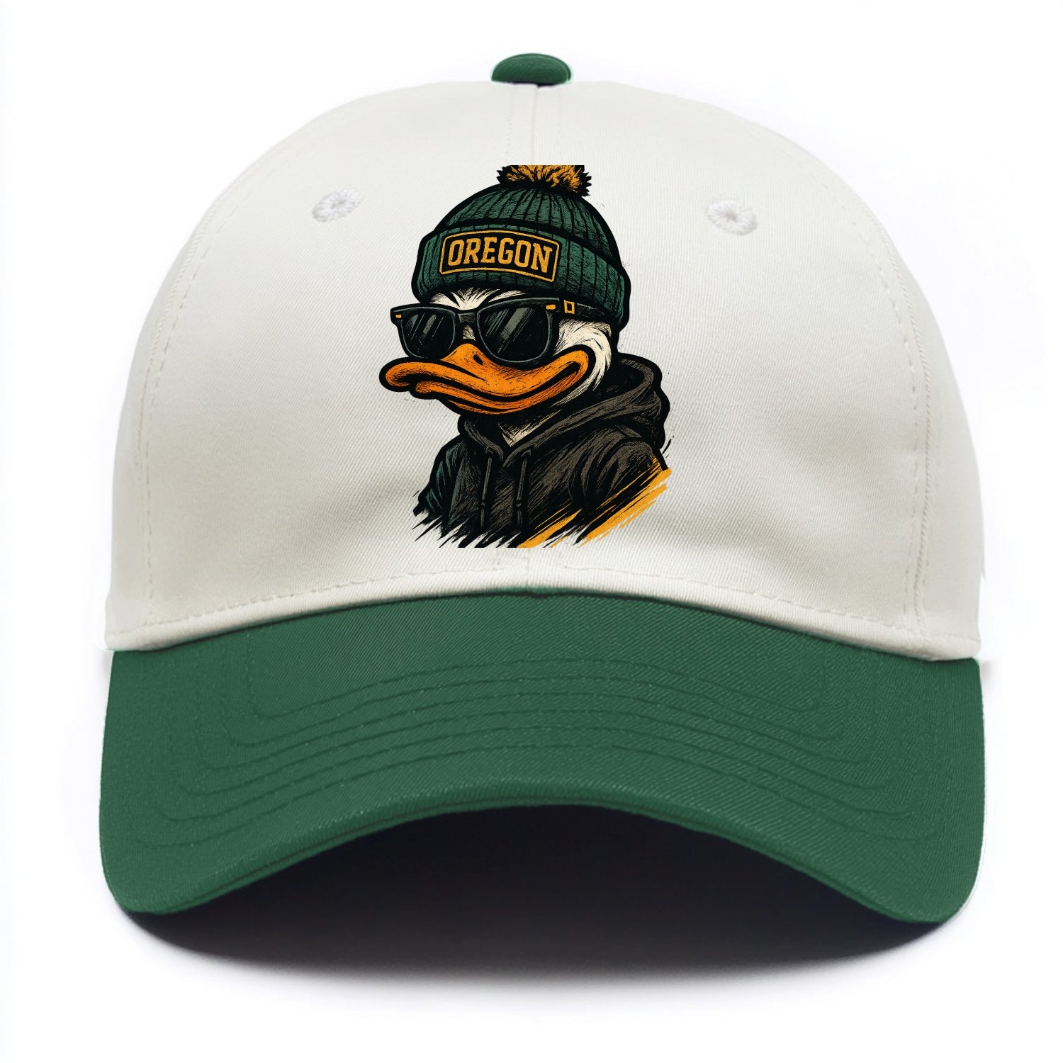 Eugene Duck wearing Oregon beanie with O patch - Two Tone Cap - Green