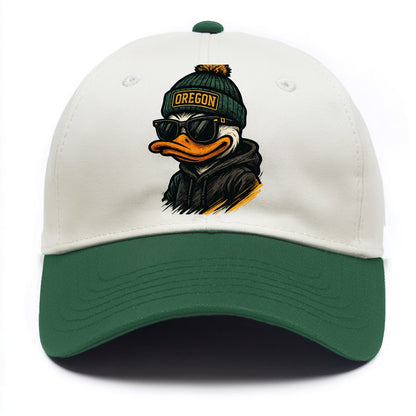 Eugene Duck wearing Oregon beanie with O patch - Two Tone Cap - Green
