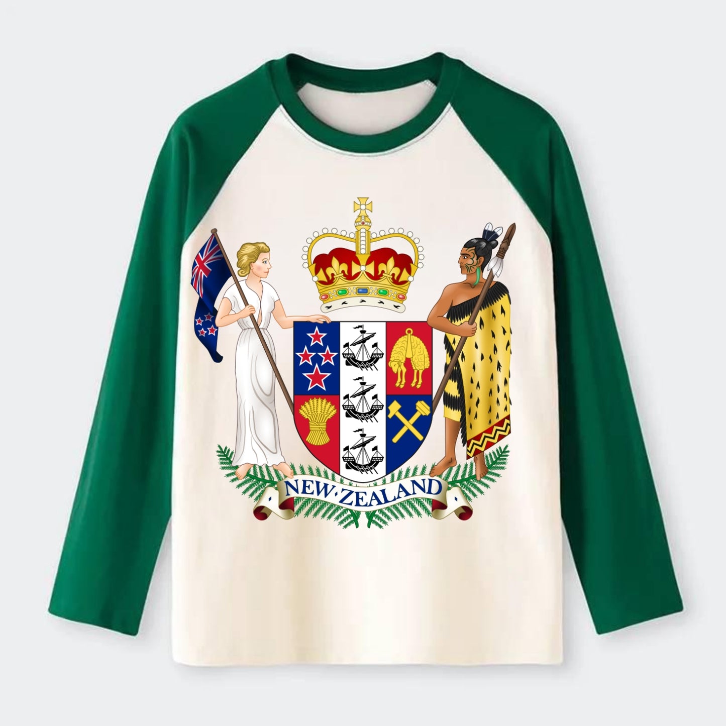 Coat Of Arms Of New Zealand - Raglan Long Sleeve T-Shirt - Green