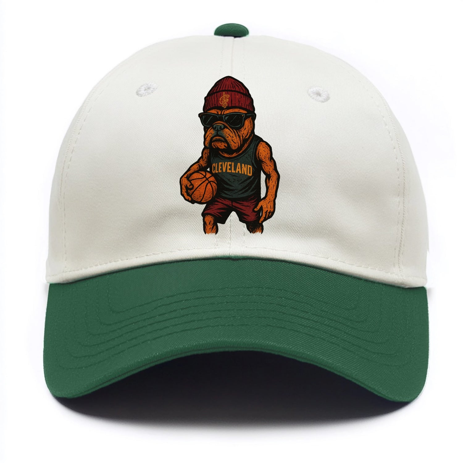 Cleveland Bulldog wearing Cavaliers wine and gold beanie with sword patch and - Two Tone Cap - Green