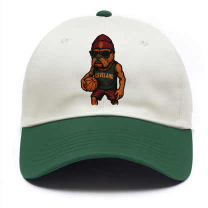 Cleveland Bulldog wearing Cavaliers wine and gold beanie with sword patch and - Two Tone Cap - Green