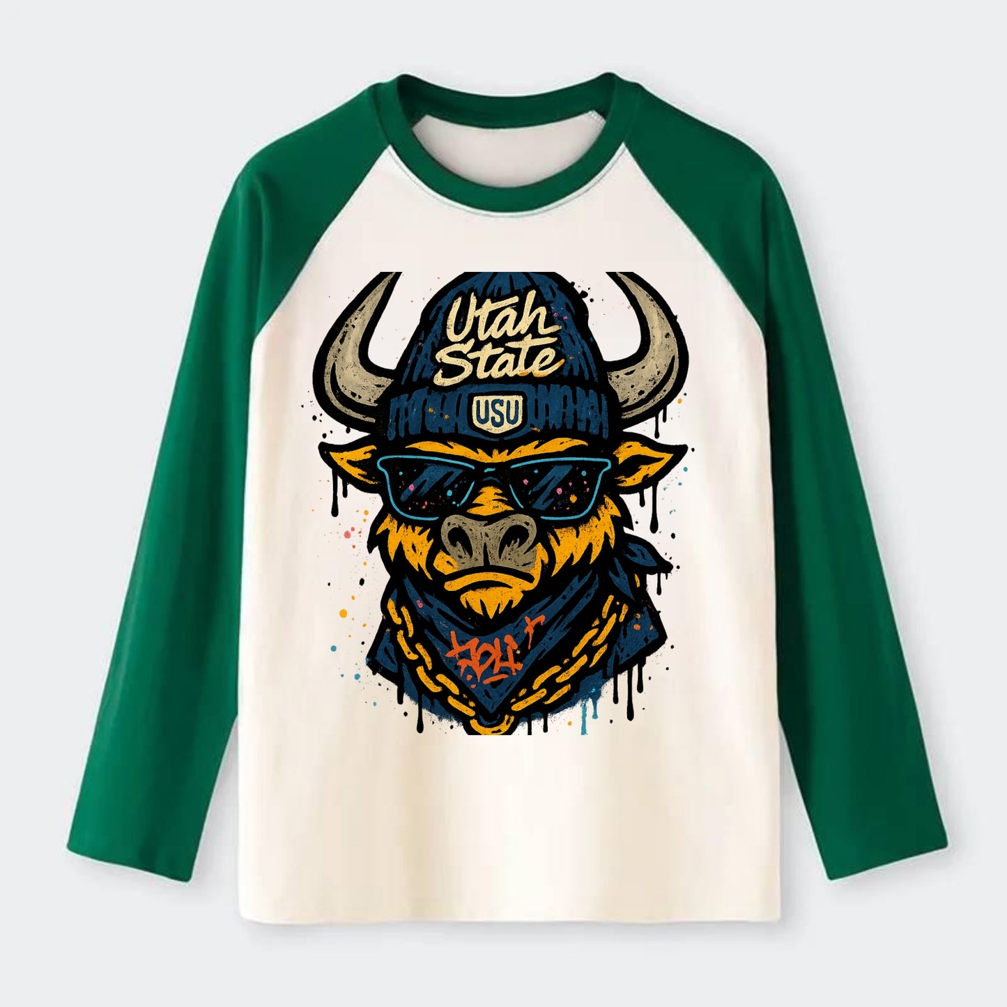 Logan Aggie wearing Utah State beanie with USU patch - Raglan Long Sleeve T-Shirt - Green