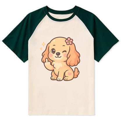 Cocker Spaniel with long wavy ears, gentle face, paw flipping off - Contrast Raglan T-shirt - Green