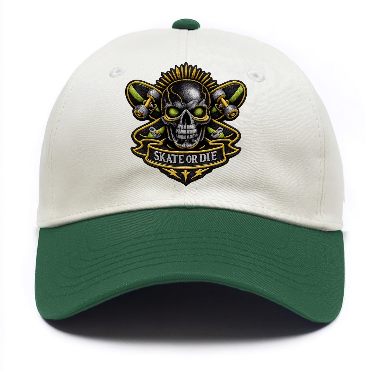 Embroidered patch design - SKATEBOARD SKULL - skull with skateboard in black and - Two Tone Cap - Green