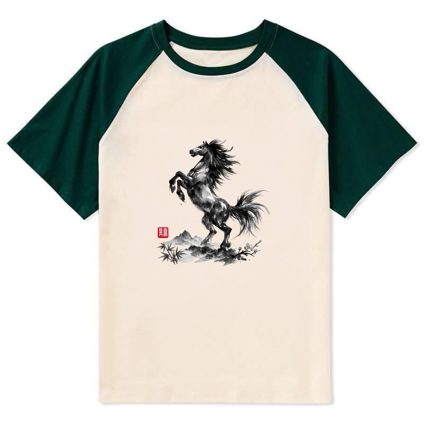 WILD STALLION | Powerful stallion rearing up | Windswept mane and tail | - Contrast Raglan T-shirt - Green