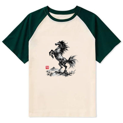 WILD STALLION | Powerful stallion rearing up | Windswept mane and tail | - Contrast Raglan T-shirt - Green