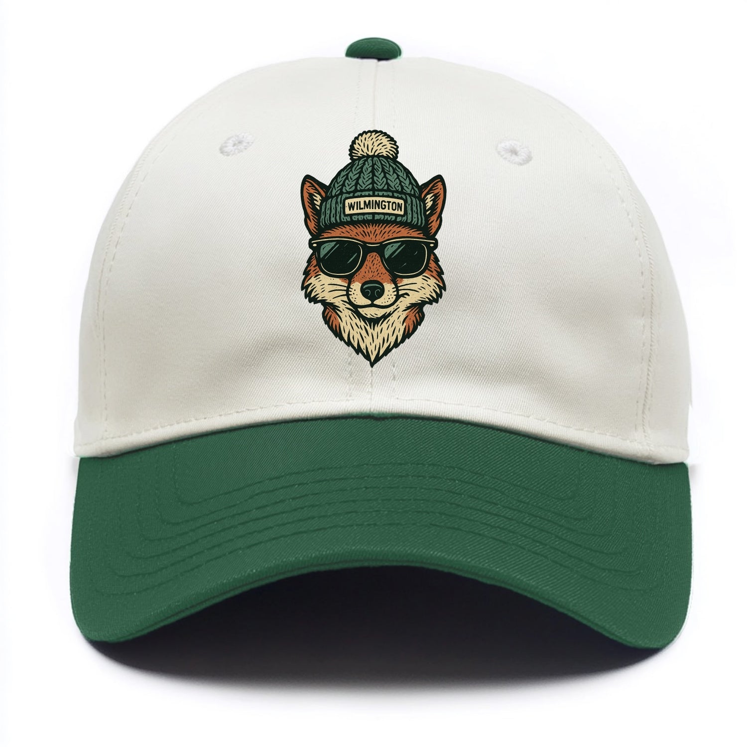 Delaware Gray Fox wearing Wilmington beanie with pom pom and wayfarer sunglasses - Two Tone Cap - Green