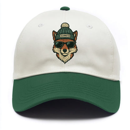 Delaware Gray Fox wearing Wilmington beanie with pom pom and wayfarer sunglasses - Two Tone Cap - Green