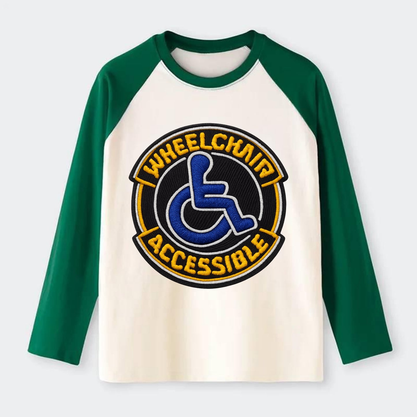 WHEELCHAIR ACCESSIBLE - accessibility symbol in blue , inclusion - Raglan Long Sleeve T-Shirt - Green