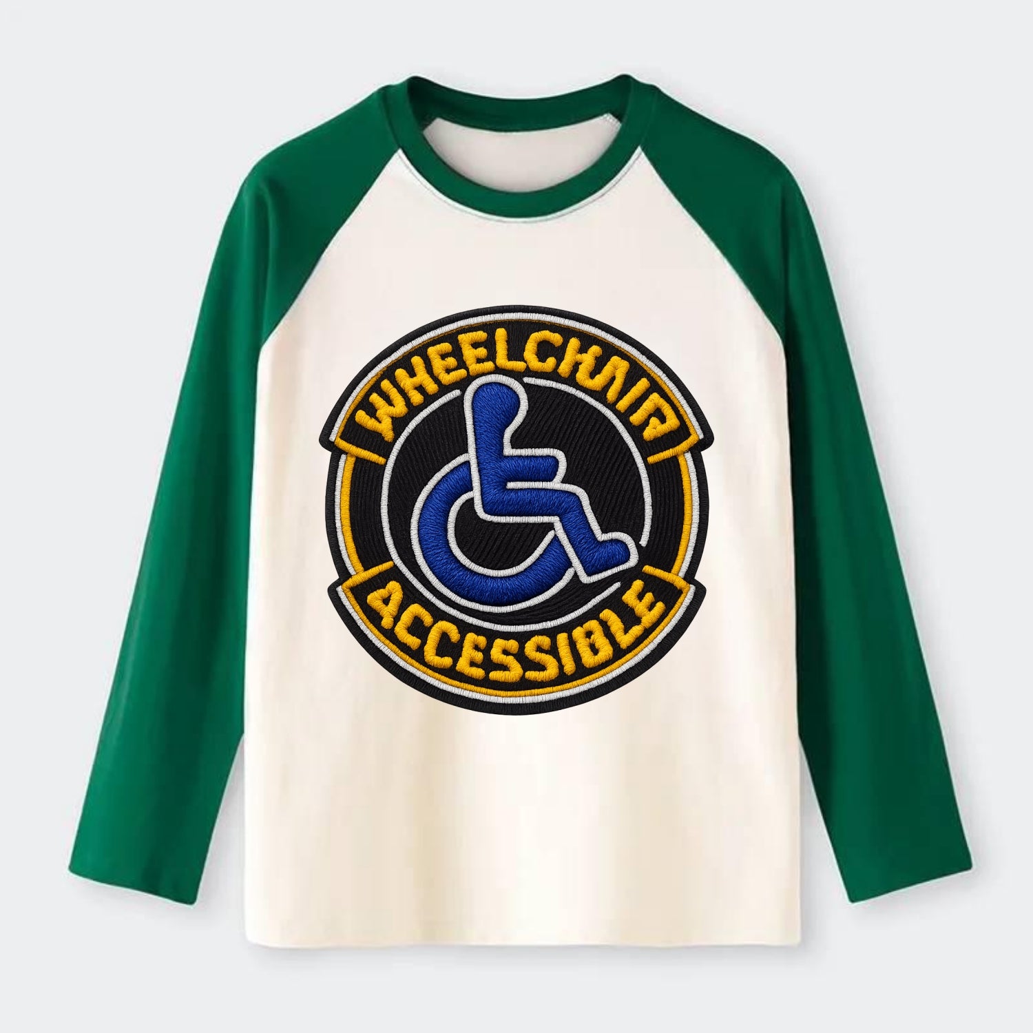 WHEELCHAIR ACCESSIBLE - accessibility symbol in blue , inclusion - Raglan Long Sleeve T-Shirt - Green