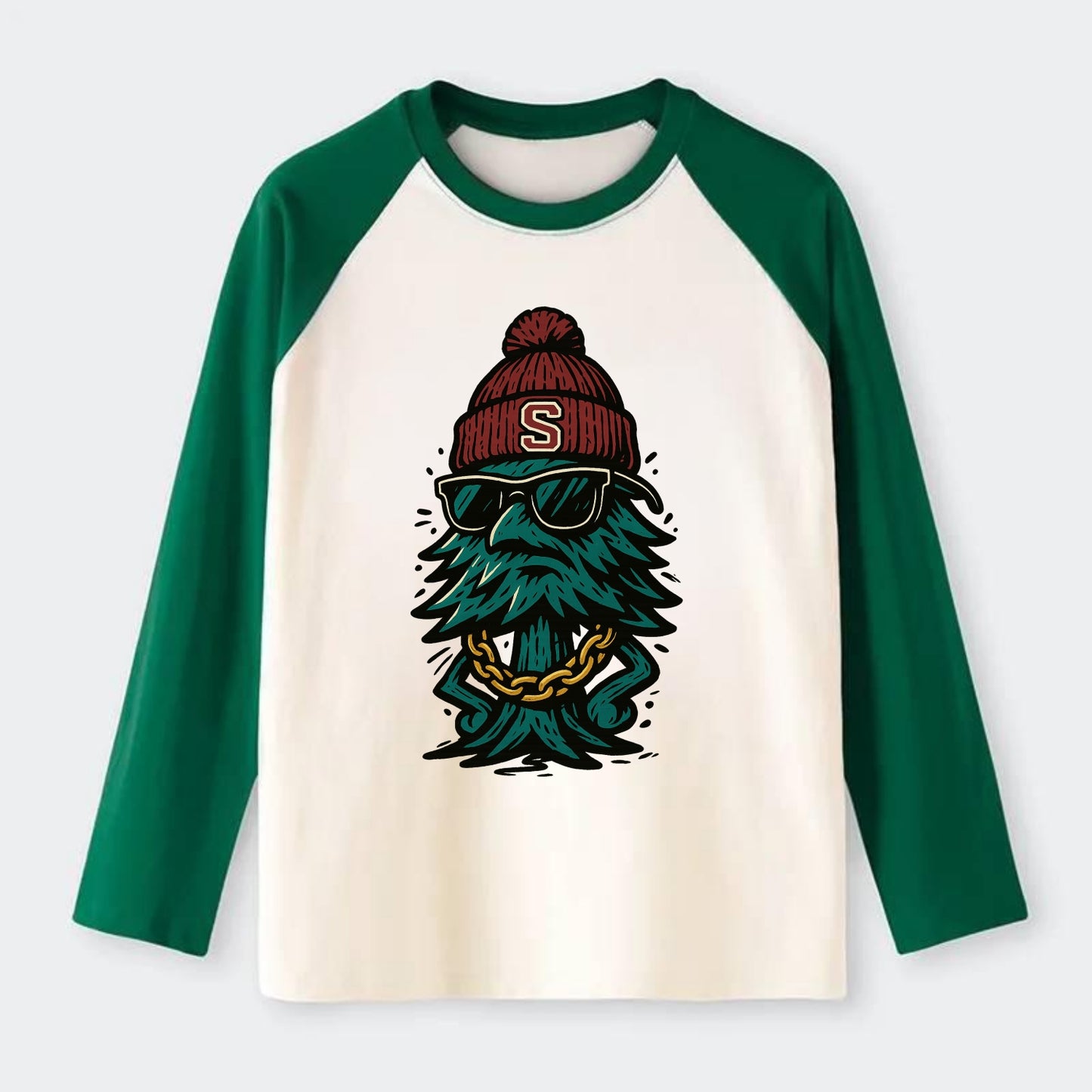 Palo Alto Tree wearing Stanford beanie with S patch - Raglan Long Sleeve T-Shirt - Green