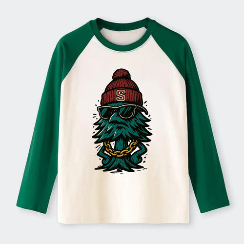 Palo Alto Tree wearing Stanford beanie with S patch - Raglan Long Sleeve T-Shirt