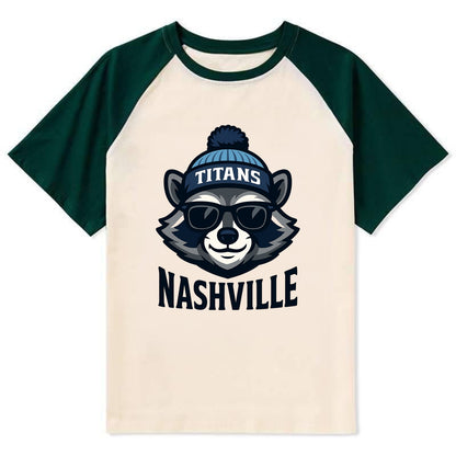 Nashville Raccoon wearing Titans navy and light blue beanie with pom pom - Contrast Raglan T-shirt - Green