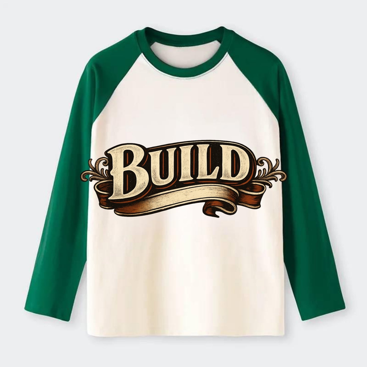 Bold typography design - "BUILD" - constructing, making real - Raglan Long Sleeve T-Shirt - Green