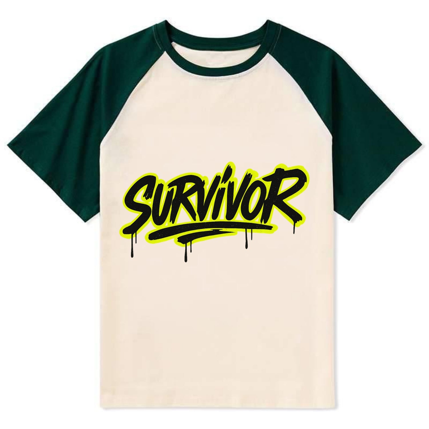 Bold typography design - "SURVIVOR" - overcomer, still standing, made it - Contrast Raglan T-shirt - Green