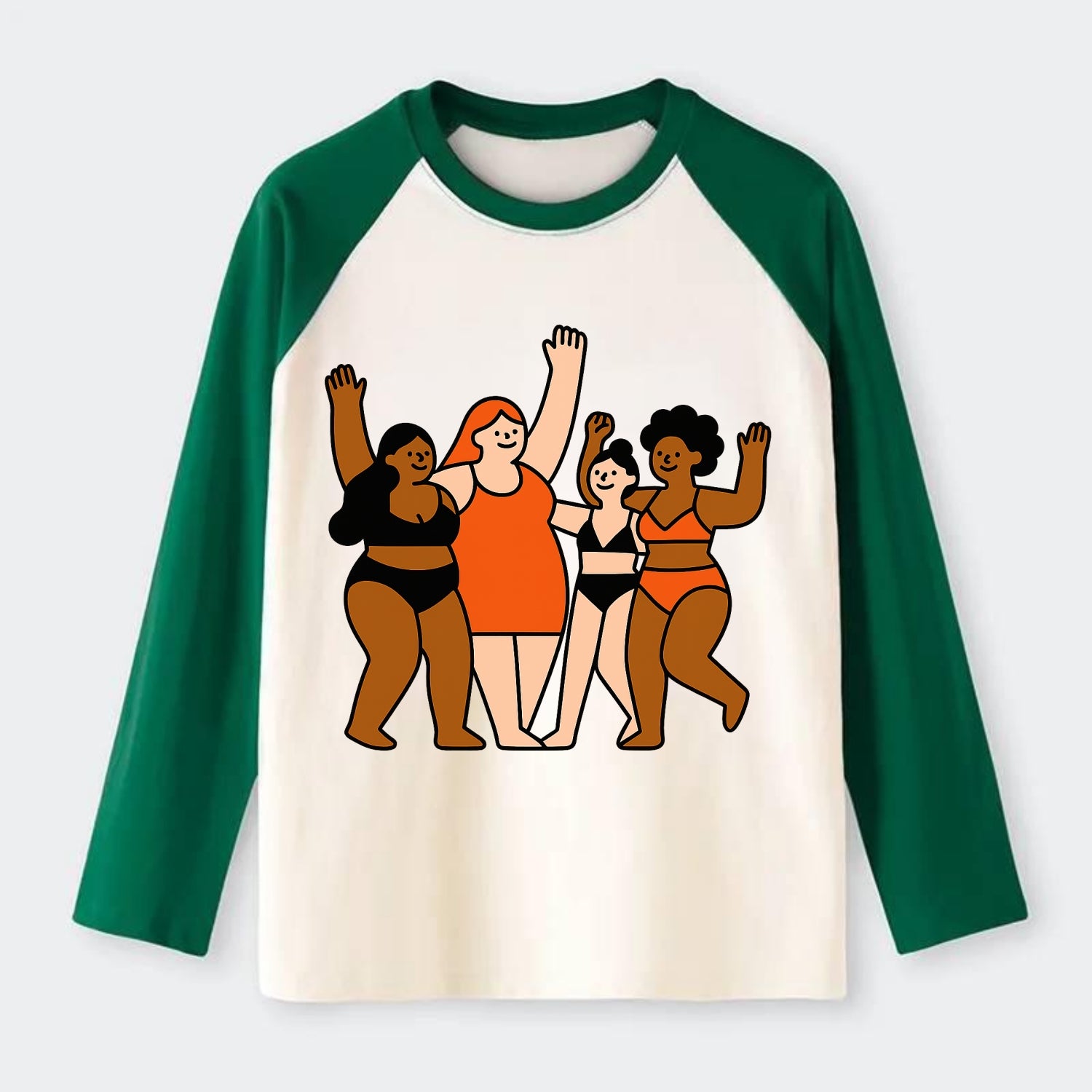 Diverse body types celebrating together - body positivity movement, - Raglan Long Sleeve T-Shirt - Green