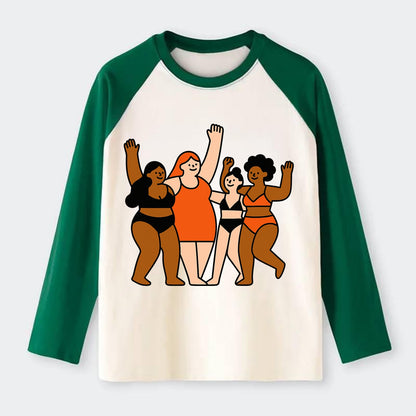 Diverse body types celebrating together - body positivity movement, - Raglan Long Sleeve T-Shirt - Green