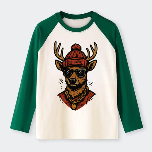 Columbus White-tailed Deer wearing Columbus beanie with pom pom and - Raglan Long Sleeve T-Shirt