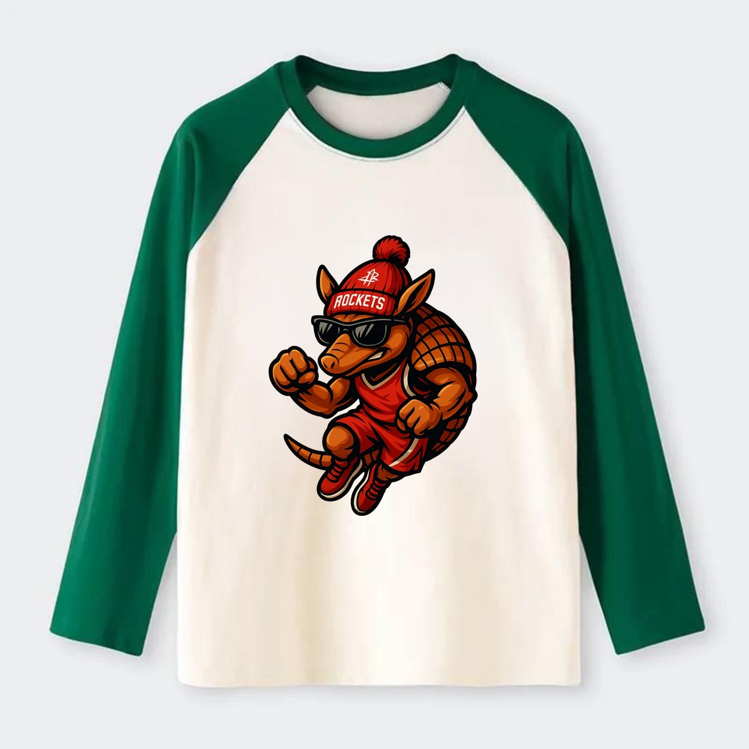 Houston Armadillo wearing Rockets red and silver beanie with rocket - Raglan Long Sleeve T-Shirt - Green