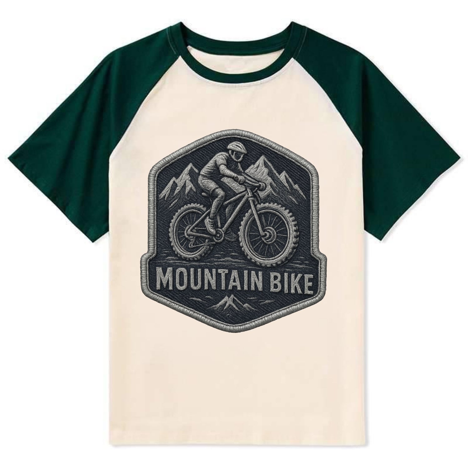 Mountain bike with rugged tires - cyclist badge - Contrast Raglan T-shirt - Green