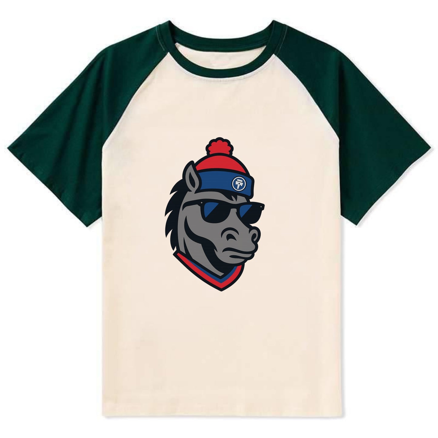 Detroit Stallion wearing Pistons red and blue beanie with piston patch - Contrast Raglan T-shirt - Green