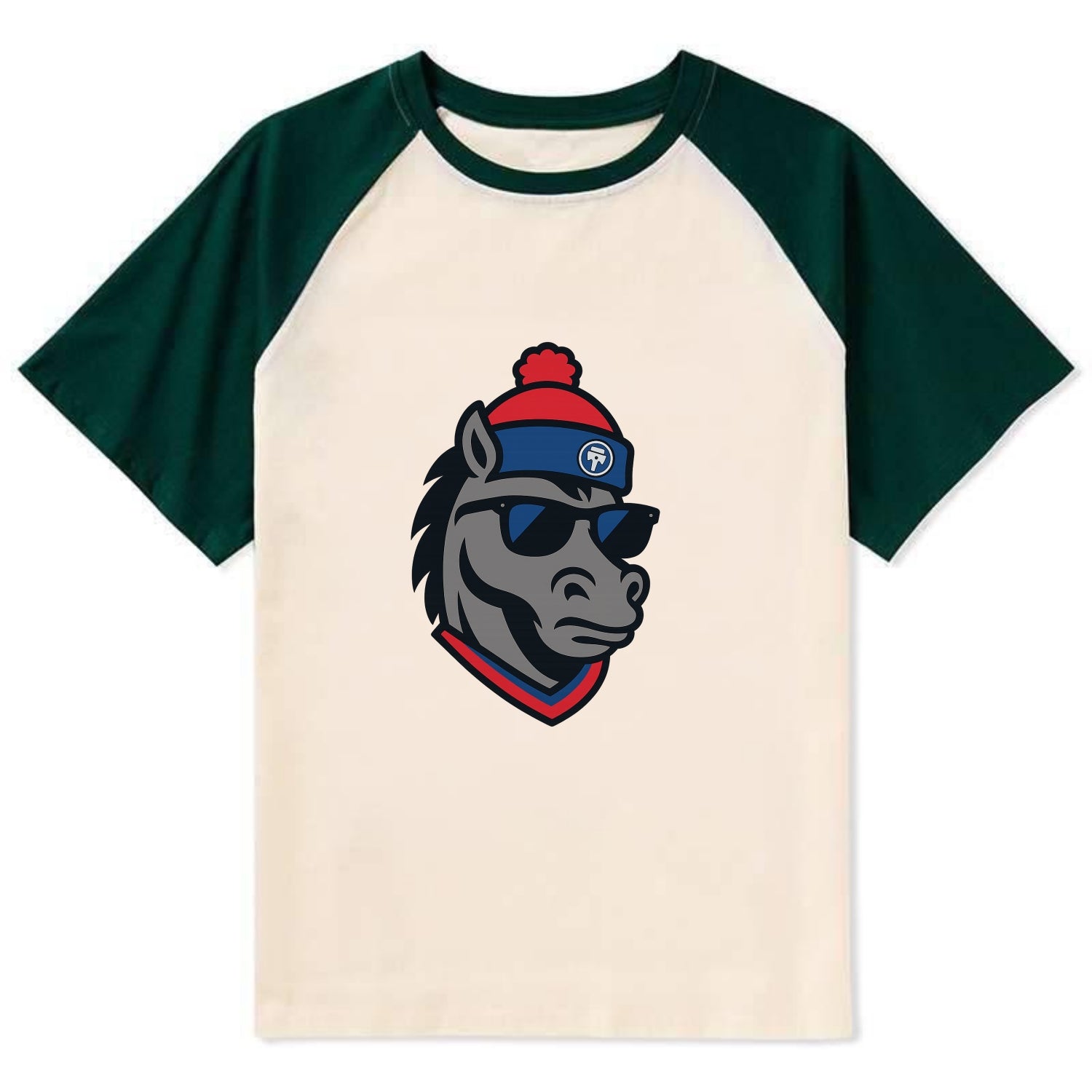 Detroit Stallion wearing Pistons red and blue beanie with piston patch - Contrast Raglan T-shirt - Green