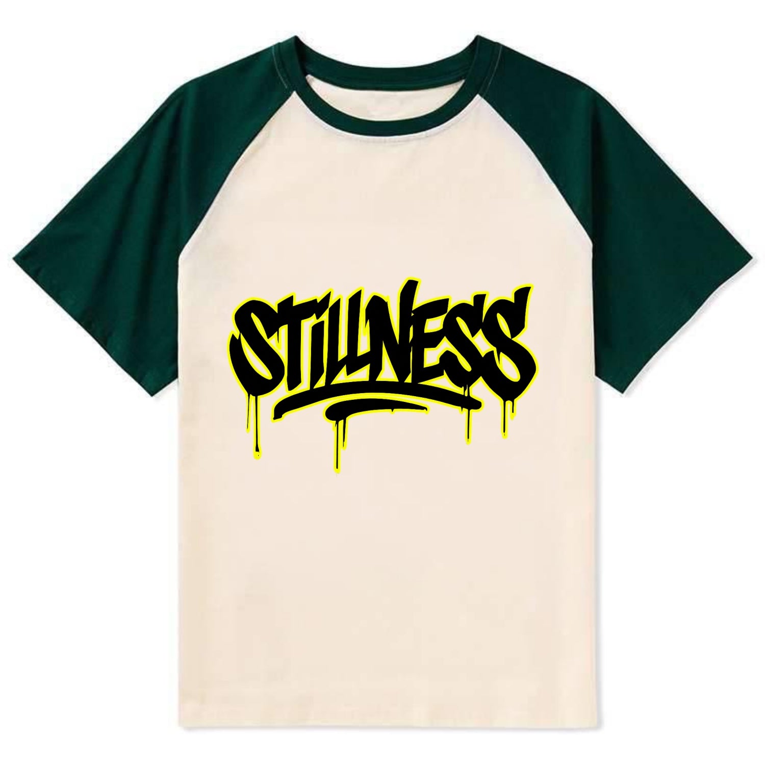 Bold typography design - "STILLNESS" - quiet power, peaceful presence - Contrast Raglan T-shirt - Green