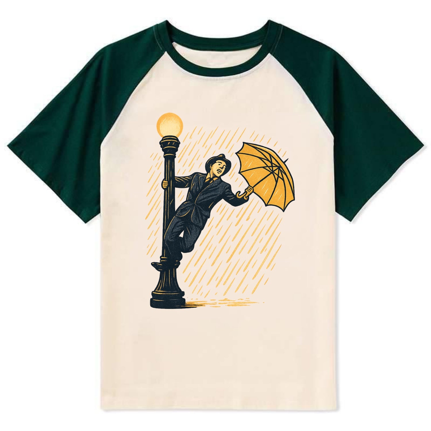 joyful dancing on lamppost in heavy rain with big smile - Contrast Raglan T-shirt - Green